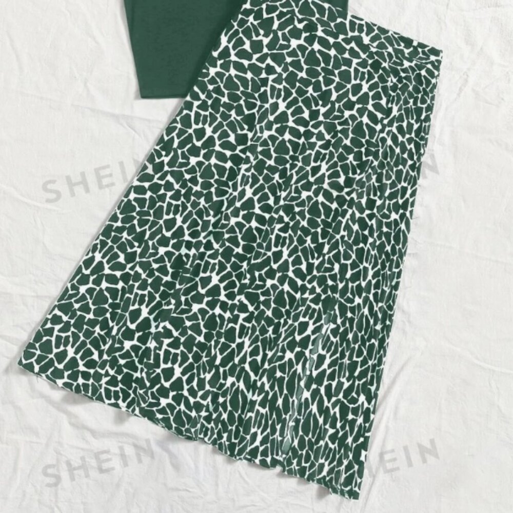 Sason (Shein) Green White Animall Print Midi Skirt - Size XL / 12